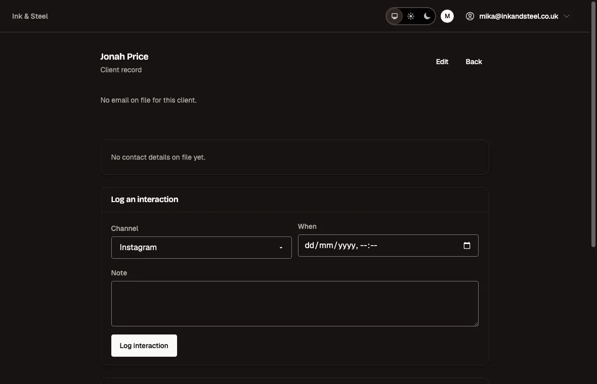 A client record in Runavel: their appointments, consents, payments and photographs on one timeline.