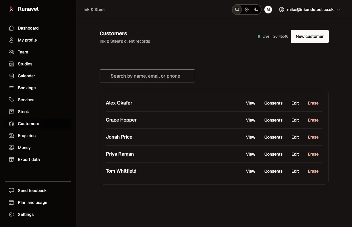 The Runavel client list, with each client's contact details and history.