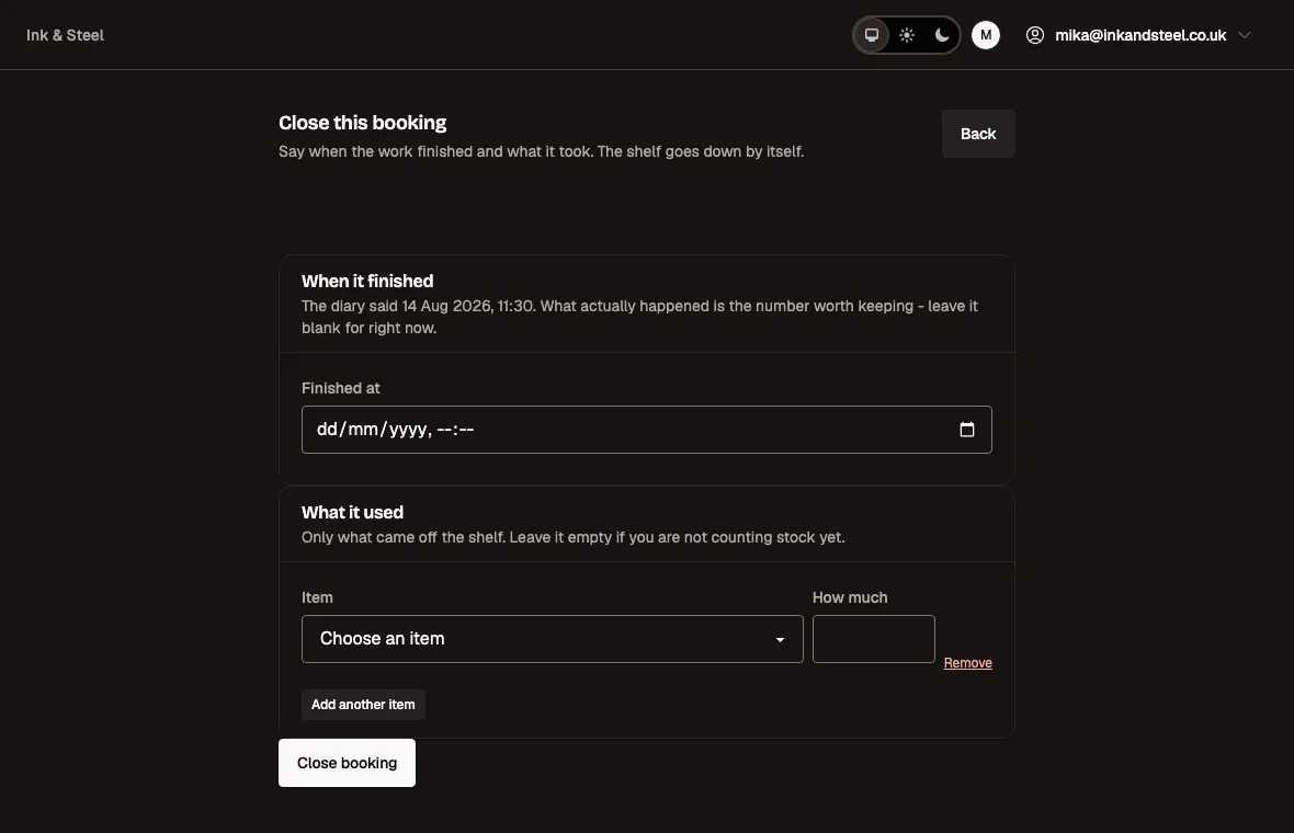 Closing a booking in Runavel: the time the work actually finished, and the items it took off the shelf.