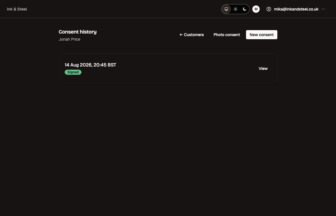 A client's consent record in Runavel: the forms held against them, with the date each was signed.